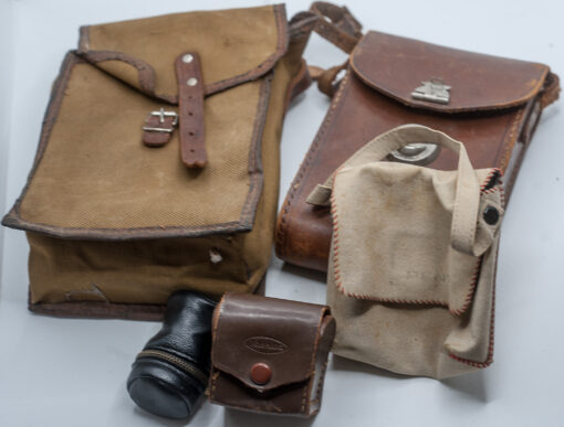 7 different vintage camera cases, leather, Kodak, Pentax, brandless