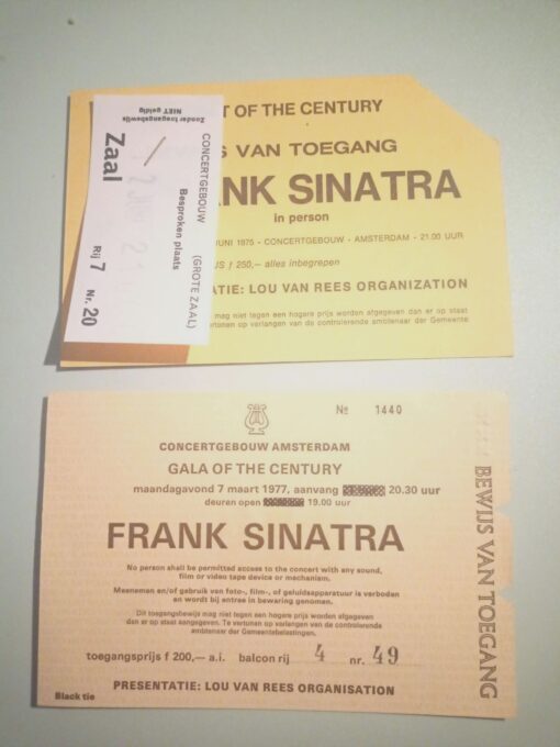 Frank Sinatra Original Used Concert Ticket in Amsterdam 2 June 1975 and 7 March 1977
